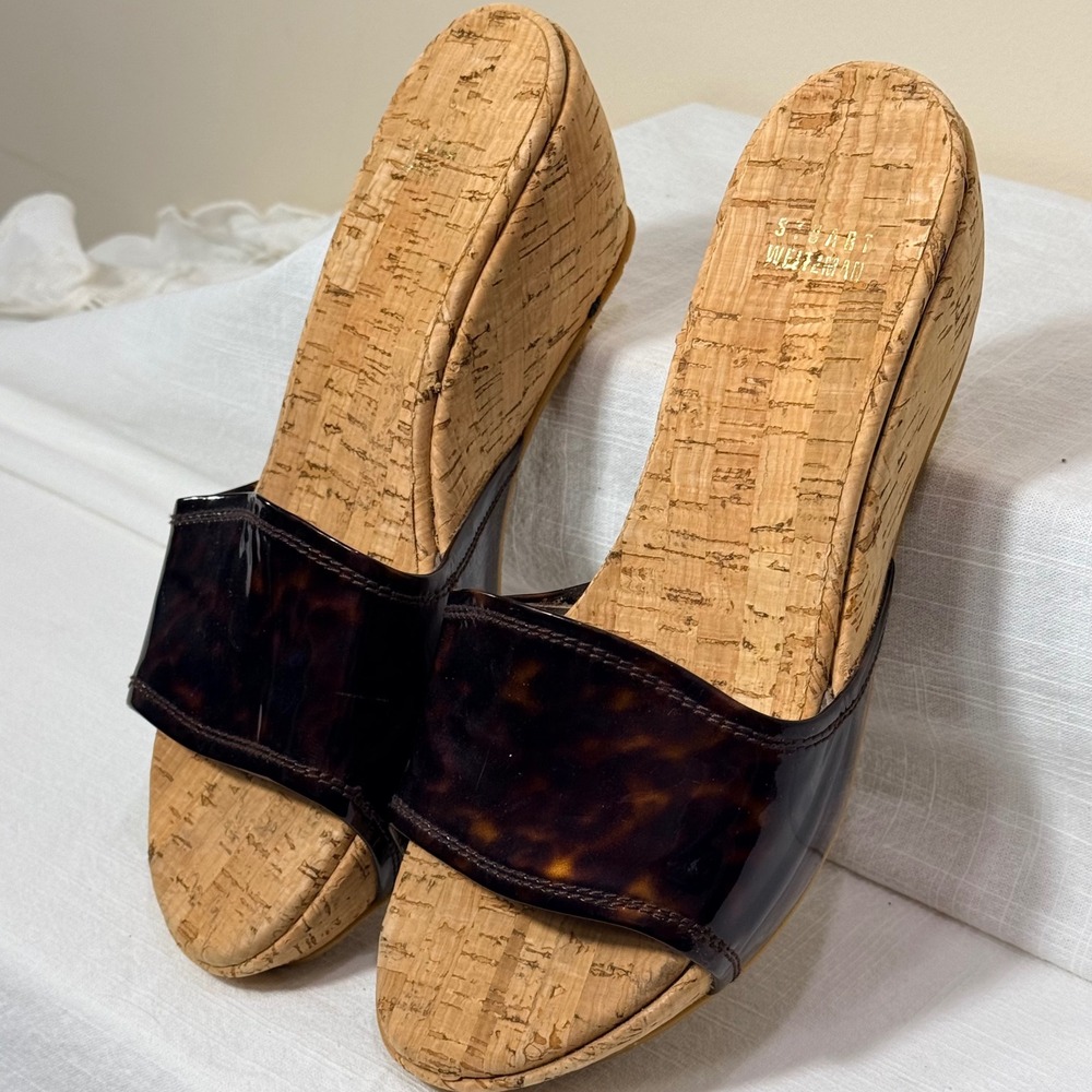 Stuart Weitzman Tortoise Patent‎ Cork Wedge Slide Sandals Women's Sz 8.5M Resort - Picture 3 of 15